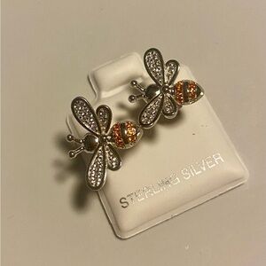 Sterling Silver925 Bee Earrings with Orange Accents